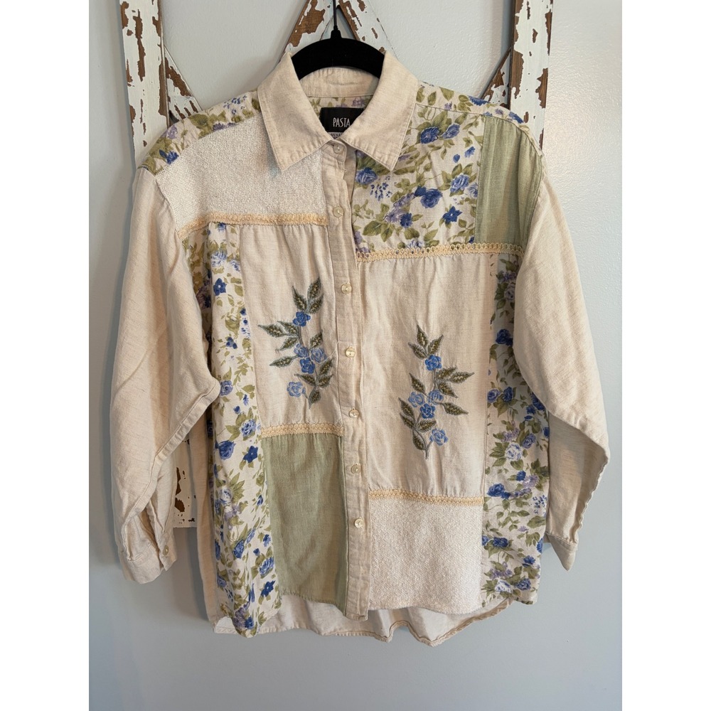 Patchwork Floral Linen Blend Button Down Top Woma… - image 1